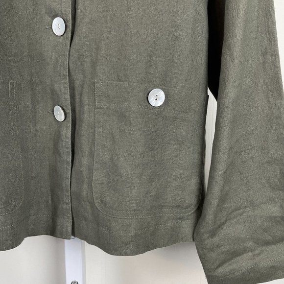 GETT Jacket Shirt Top 100% Linen Minimalist Lagenlook Olive Green Womens Small - Picture 3 of 7